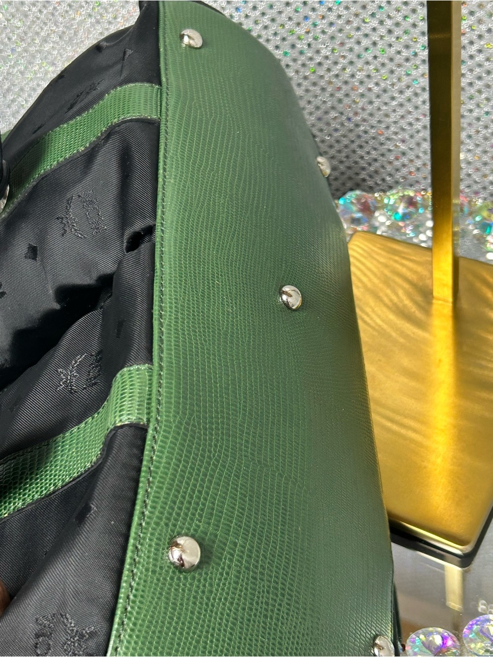 NUTS - MCM  Nylon Tote w/Green Leather Trim & Silver Plaque 14 x 10 x 5 w/COA - Picture 6 of 17